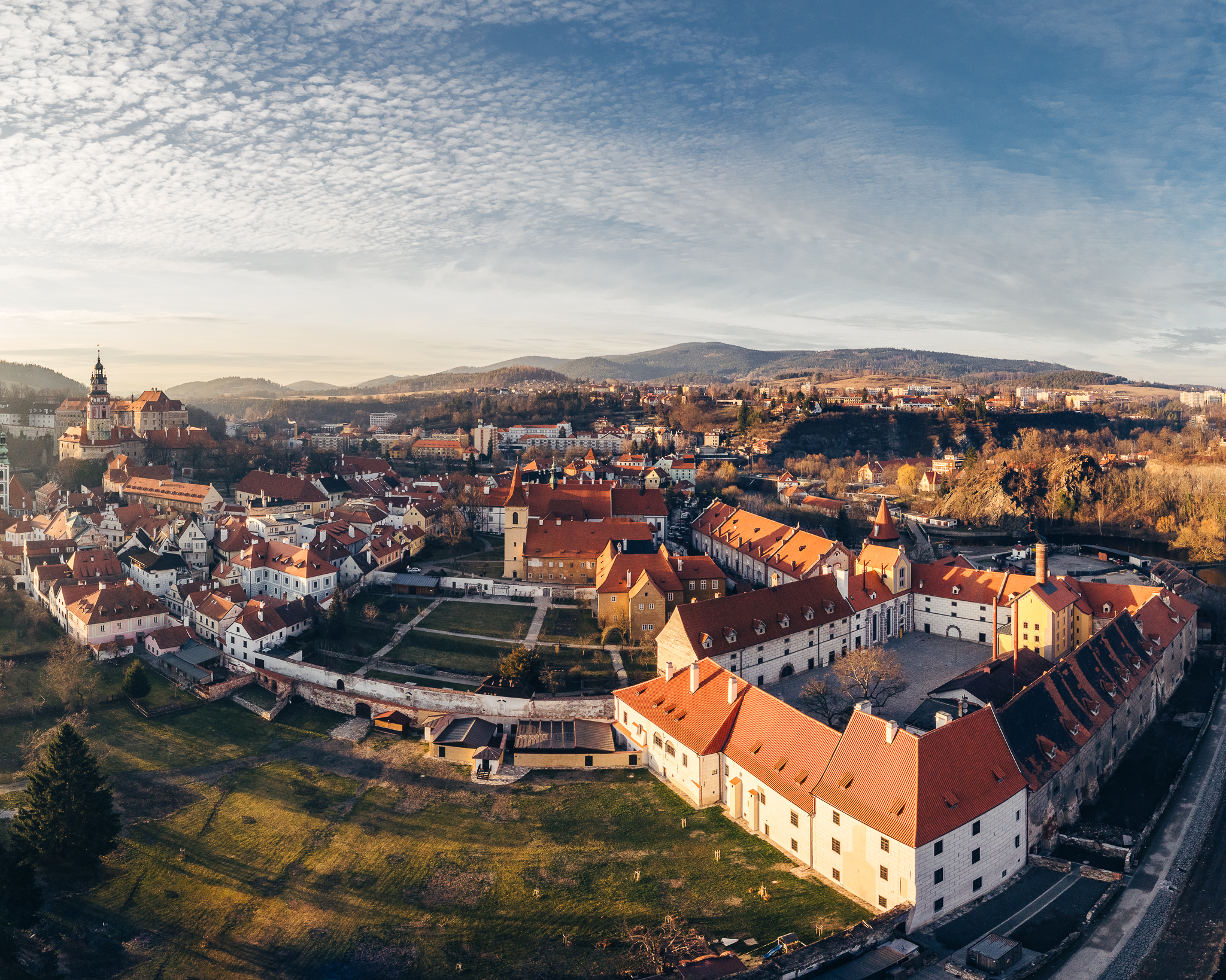 Brewery garden with historic buildings in Český Krumlov